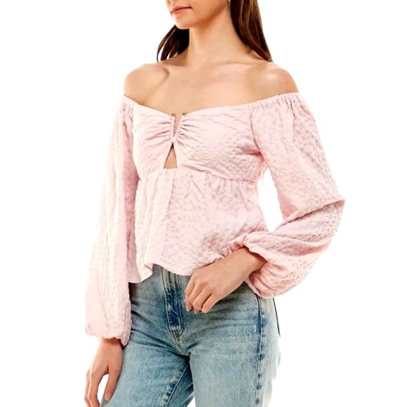NEW WAYF Valley Off the Shoulder Top Large Blush Pink Long Sleeve Summer Cutout - Picture 1 of 9